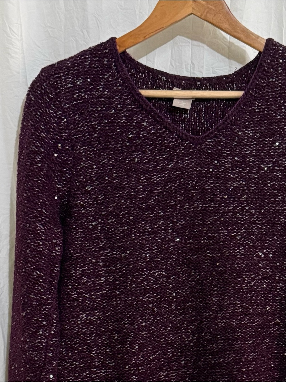 Chico’s Sequin Sparkle Metallic V-Neck Sweater Plum Burgundy 2 L Holiday Party